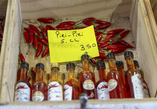 The central market, market hall, Mercado Municipal de Lagos, on three floors, offering all kinds of food, spices, Portuguese specialities, Piri Piri sauce, hot sauce made from peppers, from Lagos, in the west of the Algarve, Portugal