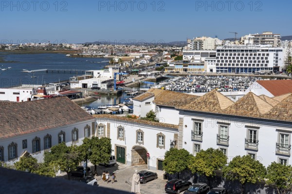 View over the roofs of the Paço Episcopal de Faro, the historic residence of the Bishop of the Algarve, from Faro to the harbour, Algarve, Portugal