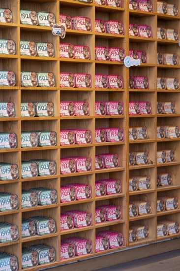 Comur sardines and other tinned fish products, popular souvenir from Portugal, flagship store, in Farm, Algarve, Portugal