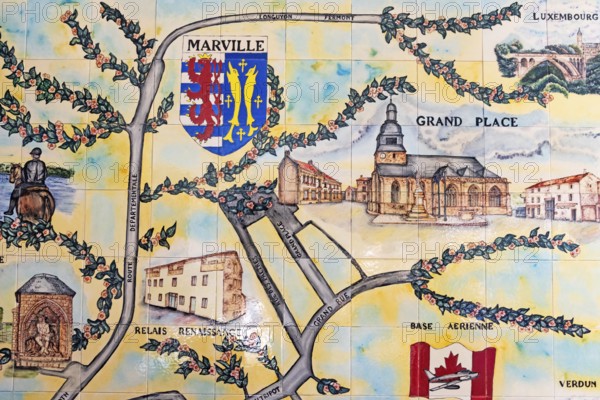 City map, coat of arms, wall tiles, Marville, Renaissance village, Département Meuse, Grand Est, France