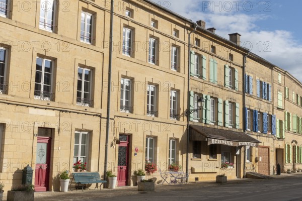 Row of streets with historic, renovated buildings, Marville, Renaissance village, Département Meuse, Grand Est, France