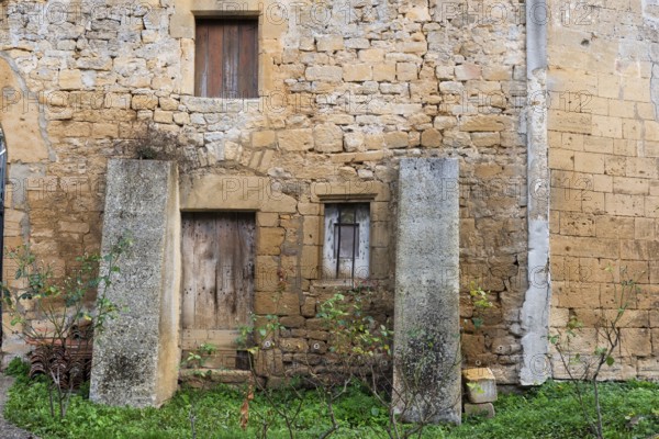 Historic house façade, yellow sandstone, Marville, Renaissance village, Département Meuse, Grand Est, France