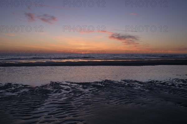 Sunset on the beach of the North Sea, Texel, North Holland, Netherlands