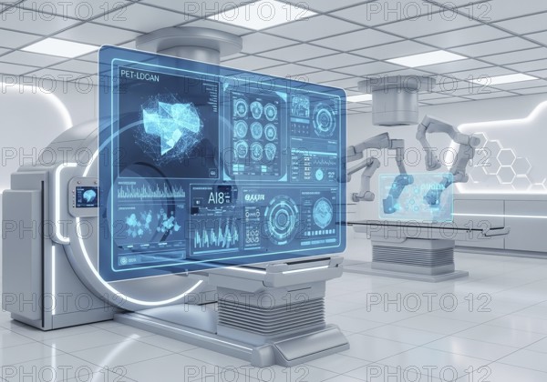 High-tech medical imaging lab with two PET-CT scanners, robotic arms, and a large holographic display showing detailed anatomical scans and data.AI Generated