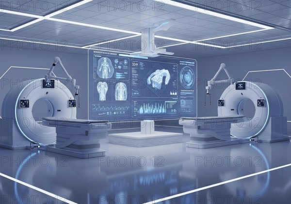 High-tech medical imaging lab with two PET-CT scanners, robotic arms, and a large holographic display showing detailed anatomical scans and data.AI Generated
