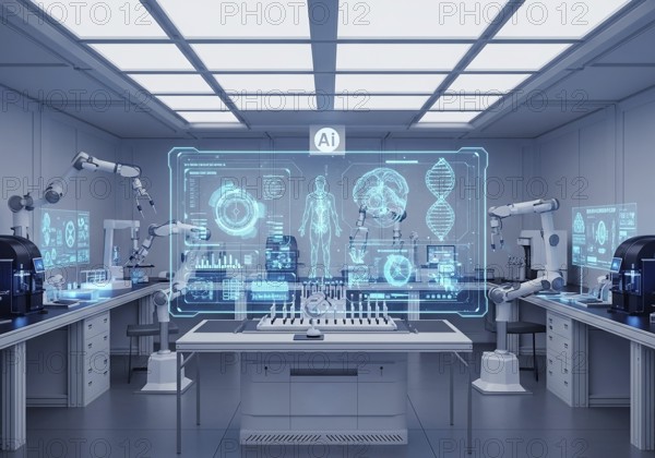 High-tech medical imaging lab with two PET-CT scanners, robotic arms, and a large holographic display showing detailed anatomical scans and data.AI Generated