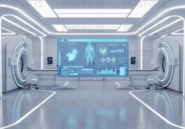 High-tech medical imaging lab with two PET-CT scanners, robotic arms, and a large holographic display showing detailed anatomical scans and data.AI Generated