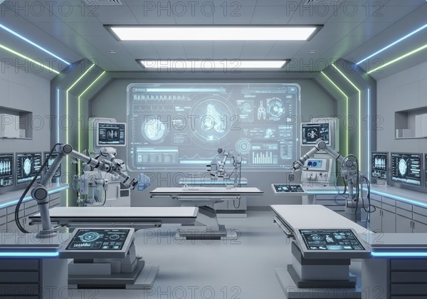 High-tech medical imaging lab with two PET-CT scanners, robotic arms, and a large holographic display showing detailed anatomical scans and data.AI Generated
