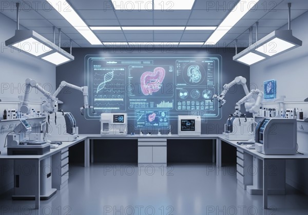 High-tech medical imaging lab with two PET-CT scanners, robotic arms, and a large holographic display showing detailed anatomical scans and data.AI Generated