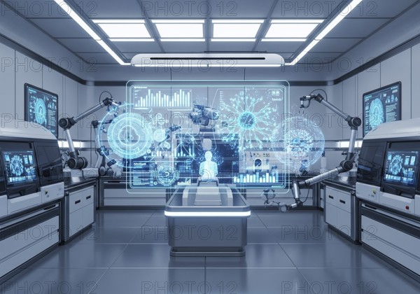 High-tech medical imaging lab with two PET-CT scanners, robotic arms, and a large holographic display showing detailed anatomical scans and data.AI Generated