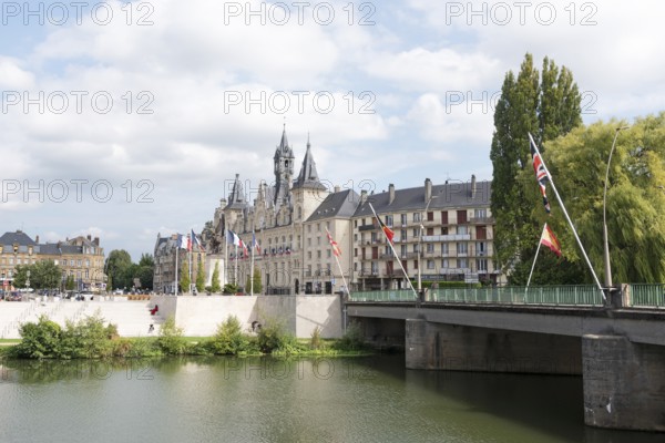 Bridge over the river Meuse, Hôtel de Ville, Town Hall, Charleville-Mézières, Mézières district, Ardennes, Grand Est, France