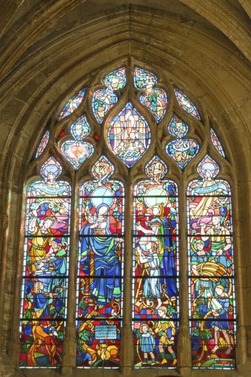 Colourful stained glass windows, Saint-Nicolas church, Marville, Renaissance village, Département Meuse, Grand Est, France