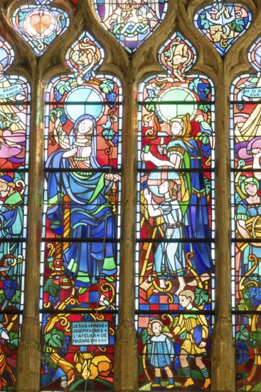 Colourful stained glass windows, Saint-Nicolas church, Marville, Renaissance village, Département Meuse, Grand Est, France
