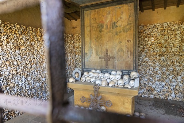 Skulls, skeletons, ossuary, Saint-Hilaire cemetery, Marville, Renaissance village, Département Meuse, Grand Est, France