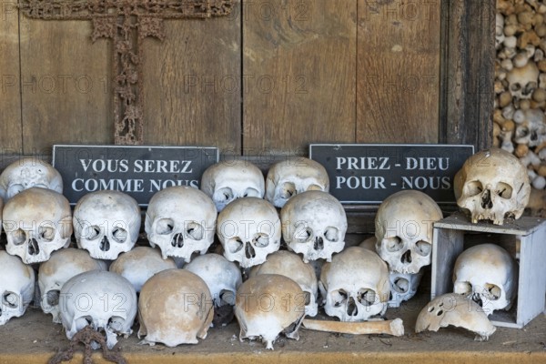 Skulls, skeletons, ossuary, Saint-Hilaire cemetery, Marville, Renaissance village, Département Meuse, Grand Est, France