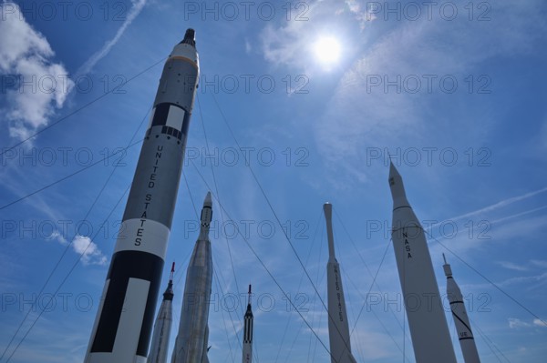 Rockets in a formation under bright sunshine and blue sky, Kennedy Space Centre Visitor Complex, Merritt Island, Florida, USA