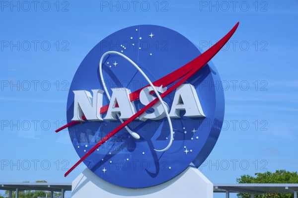 Large NASA logo on blue background with red tail, Kennedy Space Centre Visitor Complex, Merritt Island, Florida, USA