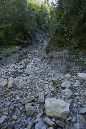 Mudslide in the Graswang valley, mudslide, Graswang, Oberammergau, Ammergau, Ammergau Alps, Upper Bavaria, Garmisch-Partenkirchen, Alps, Bavaria, holiday, holiday region, active holiday, recreation, holiday, summer holiday, holiday region, Germany