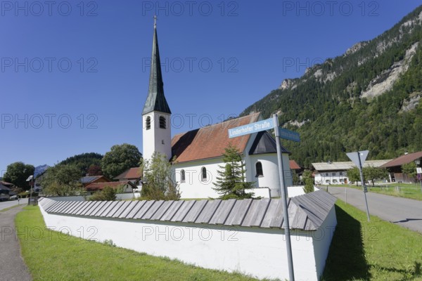 Village church in Graswang, Graswangtal, Oberammergau, Catholic, Ammergau, Ammergau Alps, Upper Bavaria, Garmisch-Partenkirchen, Alps, Bavaria, holiday, holiday region, active holiday, recreation, holiday, summer holiday, holiday region, Germany