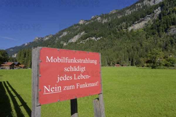 Sign mobile radio radiation, citizen criticism, criticism, mobile radio, Graswang, Graswangtal, Ettaler Weidemoos, moss, wetland biotope, Oberammergau, Catholic, Ammergau, Ammergau Alps, Upper Bavaria, Garmisch-Partenkirchen, Alps, Bavaria, holiday, holiday region, active holiday, recreation, holiday, summer holiday, holiday region, Germany