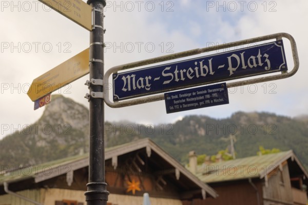 Max-Streibl-Platz in Oberammergau, Max Streibl, politics, politician, Prime Minister, Lüftlmalerei, Lüftlkunst, Bible, Ammergau, Ammergau Alps, Upper Bavaria, Garmisch-Partenkirchen, Alps, Bavaria, holiday, holiday region, active holiday, recreation, holiday, summer holiday, holiday region, Germany