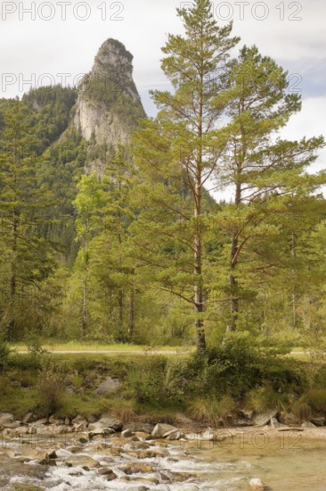 View of the Kofel, mountain, river, Oberammergau, Catholic, Ammergau, Ammergau Alps, Upper Bavaria, Garmisch-Partenkirchen, Alps, Bavaria, holiday, holiday region, active holiday, recreation, holiday, summer holiday, holiday region, Germany