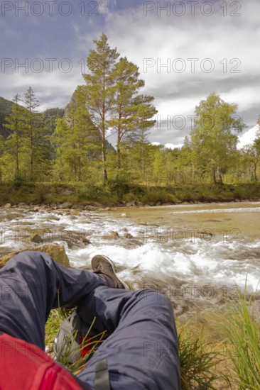 View of the Kofel, mountain, river, water, Oberammergau, Catholic, Ammergau, Ammergau Alps, Upper Bavaria, Garmisch-Partenkirchen, Alps, Bavaria, holiday, holiday region, active holiday, recreation, holiday, summer holiday, holiday region, Germany