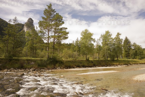 View of the Kofel, mountain, river, water, Oberammergau, Catholic, Ammergau, Ammergau Alps, Upper Bavaria, Garmisch-Partenkirchen, Alps, Bavaria, holiday, holiday region, active holiday, recreation, holiday, summer holiday, holiday region, Germany