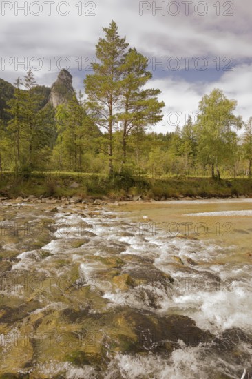 View of the Kofel, mountain, river, Oberammergau, Catholic, Ammergau, Ammergau Alps, Upper Bavaria, Garmisch-Partenkirchen, Alps, Bavaria, holiday, holiday region, active holiday, recreation, holiday, summer holiday, holiday region, Germany