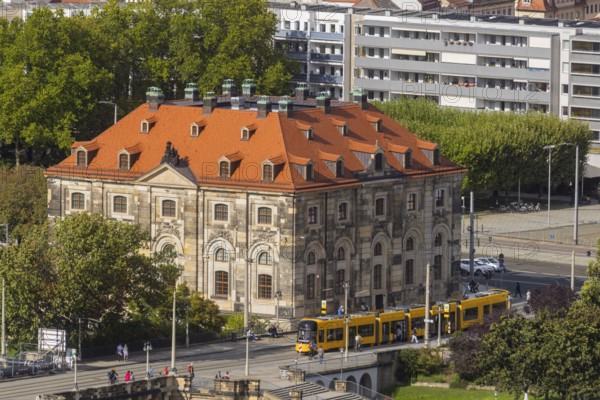 View from the lantern of the Church of Our Lady. Neustädter market with Augustus bridge, DVB tram and blockhouse, Dresden, Saxony, Germany