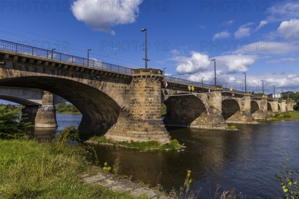 Marienbrücken in Dresden, an important transport link between the old town and the new town. Two bridges were built for this purpose, a railway bridge and a road bridge, Dresden, Saxony, Germany