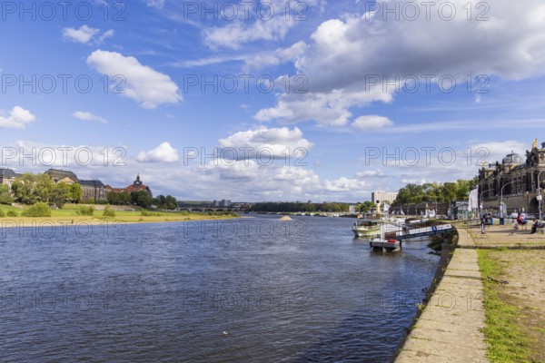 Terrassenufer on the Elbe without Carola Bridge, Dresden, Saxony, Germany