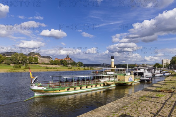 Terrassenufer at the Elbe without Carolabrücke, with Elbdampfer (Stadt wehlen), Dresden, Saxony, Germany
