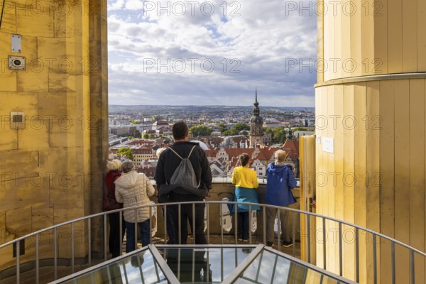 Tourists enjoying the view from the lantern of the Church of Our Lady, Dresden, Saxony, Germany