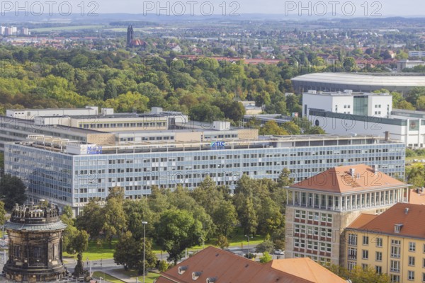 View from the lantern of the Church of Our Lady to the former Robotron complex from the GDR, Dresden, Saxony, Germany