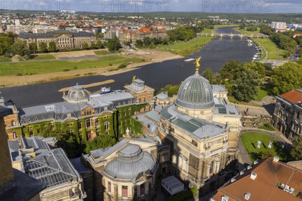 View from the lantern of the Church of Our Lady over the Academy of Fine Arts across Brühl's Terrace into the Elbe Valley, Dresden, Saxony, Germany