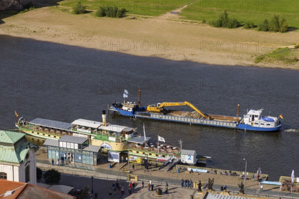 View from the lantern of the Church of Our Lady. Domarin dredging vessel on Brühl's Terrace, Dresden, Saxony, Germany