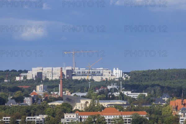 View from the lantern of the Church of Our Lady to the extension of the Infineon chip factory in the north of Dresden, Dresden, Saxony, Germany