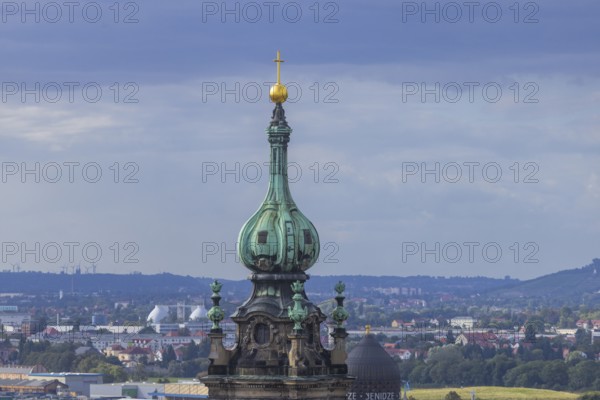 View from the lantern of the Church of Our Lady to the tower of the Hofkirche into the Elbe valley, Dresden, Saxony, Germany