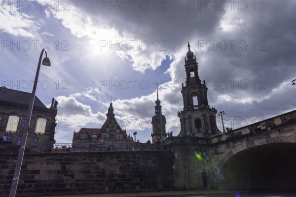 Ständehaus, Georgentor, Schloss- or Hausmannsturm, Hofkirche and Augustusbrücke in backlight, Dresden, Saxony, Germany