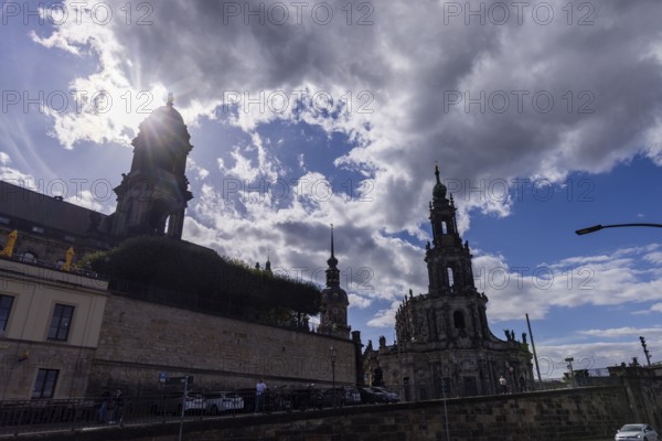 Einnhemerhaus, Brühlsche Terrasse, Ständehaus, Schloss- or Hausmannsturm, Hofkirche and Augustusbrücke in backlight, Dresden, Saxony, Germany