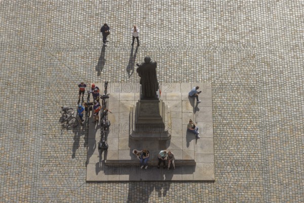 View from the lantern of the Church of Our Lady to the Neumarkt with Luther monument, Dresden, Saxony, Germany