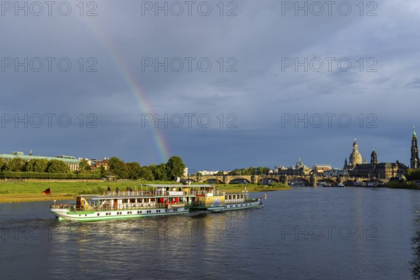 Elbe steamer (Pillnitz) with rainbow over the Elbe at Neustädter Elbufer, Dresden, Saxony, Germany