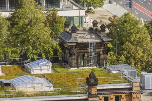 View from the lantern of the Church of Our Lady over the roofs of the police headquarters, Dresden, Saxony, Germany