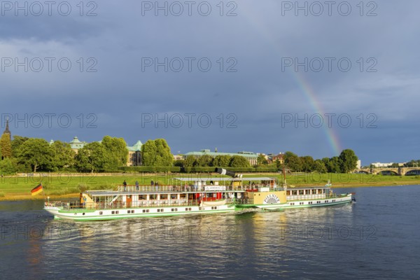 Elbe steamer (Pillnitz) with rainbow over the Elbe at Neustädter Elbufer, Dresden, Saxony, Germany