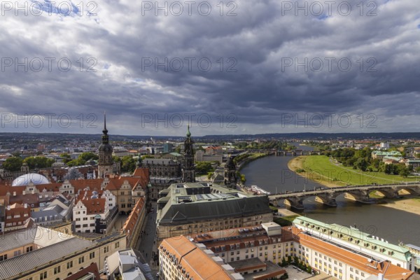 View from the lantern of the Church of Our Lady over the old town centre into the Elbe valley, Dresden, Saxony, Germany