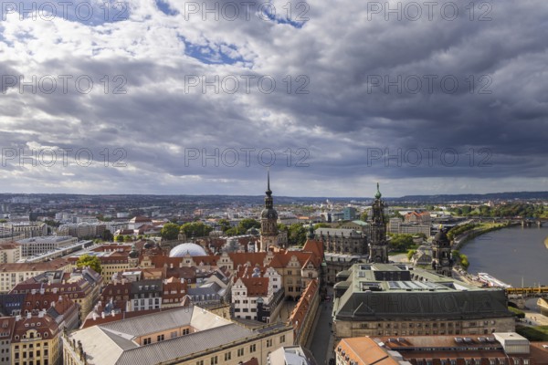 View from the lantern of the Church of Our Lady over the old town centre into the Elbe valley, Dresden, Saxony, Germany