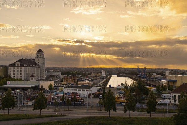 Elbe harbour Friedrichstadt with harbour mill in the evening, Dresden, Saxony, Germany