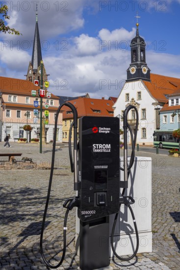 Sachsen Energie charging station on the market square with the old town hall, Wilsdruff, Saxony, Germany