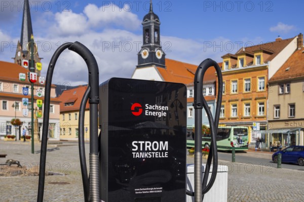 Sachsen Energie charging station on the market square with the old town hall, Wilsdruff, Saxony, Germany